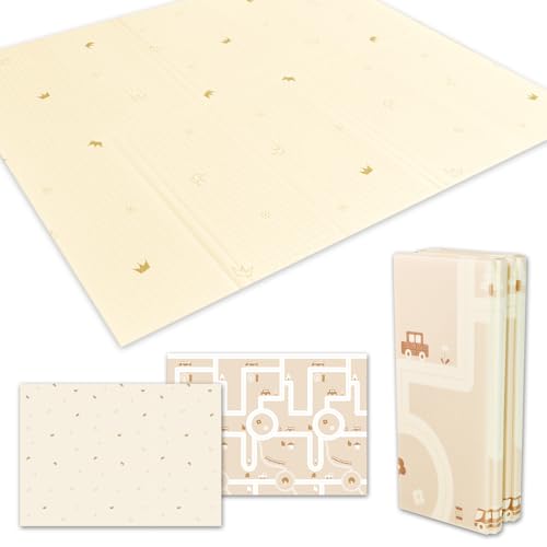 ベビーマット 【日本メーカー製安全検査済 保育士監修】fungoo® ベビープレイマット 赤ちゃん 折りたたみ 防音 防水 安全素材 遊べる 両面使用可 滑り止め (180x160x2cm, パターン6:クラウンベージュ×道路ベージュ) 1枚目 画像