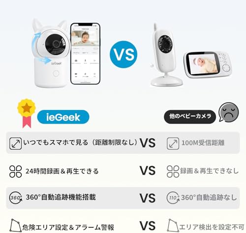 【2025常時録画・泣き声/寝返り/咳/温湿度検知】ieGeek ベビーモニター スマホ ベビーカメラ 見守りカメラ 赤ちゃん 2.4と5GHzwifi対応 ベビーセンサー 暗視 24時間録画 360°自動追跡 ワンタッチで双方向通話 人体検知 危険エリア アラーム 屋内カメラ 300万画素 子守唄 夜間ランプ付き 高齢者 留守番カメラ 無料6秒録画クラウド/メモリカード保存 新生児 出産祝い 最後 画像