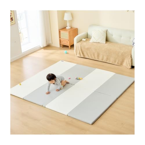 GU MODE プレイマット シームレスプレイマット ベビーマット 折りたたみ 持ち手が付く厚み3cm 収納しやすい 厚手 ノンホルム 防水 防音 (グレーXホワイト, 140x200cm) 画像1