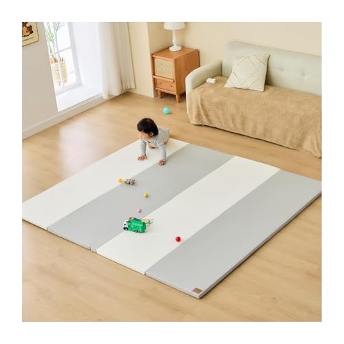 GU MODE プレイマット ベビーマット 抗菌 ベビープレイマット シームレスプレイマット 持ち手が付く折りたたみ 厚み4cm 収納しやすい 厚手 折りたたみ ノンホルム 防水 防音 マット (グレーxホワイト, 180x200) 1枚目 画像