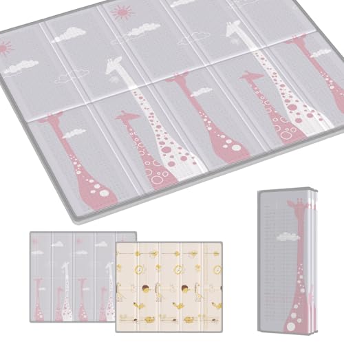 プレイマット 赤ちゃん 厚手 大判 ベビーマット 折り畳み 赤ちゃんマット 防水 ベビープレイマット 持ち運び お昼寝マット 防音 衝撃吸収 収納袋付き 収納しやすい 子供部屋 ピクニック (キリン+動物園, 180cm×200cm×1cm) 1枚目 画像