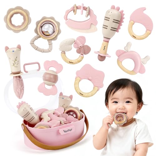 赤ちゃん おもちゃ 0歳 がらがら ラトル 歯固め 赤ちゃん 出産祝い 男の子 女の子 新生児 おもちゃ 知育玩具 3ヶ月 6ヶ月 9ヶ月 1歳 ベビーグッズ 誕生日 クリスマス プレゼント (10 PCSセット)(ピンク色) 1枚目 画像