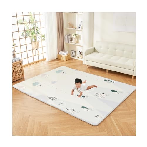 GU MODE プレイマット ベビープレイマット シームレス リバーシブル 床暖房対応 両面使用 150x180x2cm 高密度XPE素材 一年保証 ベビーマット 安全無味 厚さ2cm 赤ちゃん 厚手 防水防寒 清掃簡単 衝撃緩和 (夢の村, 150x180) 画像1