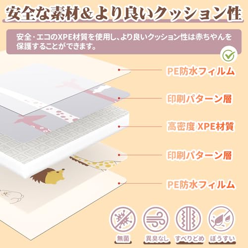 プレイマット 赤ちゃん 厚手 大判 ベビーマット 折り畳み 赤ちゃんマット 防水 ベビープレイマット 持ち運び お昼寝マット 防音 衝撃吸収 収納袋付き 収納しやすい 子供部屋 ピクニック (キリン+動物園, 180cm×200cm×1cm) 中間 画像