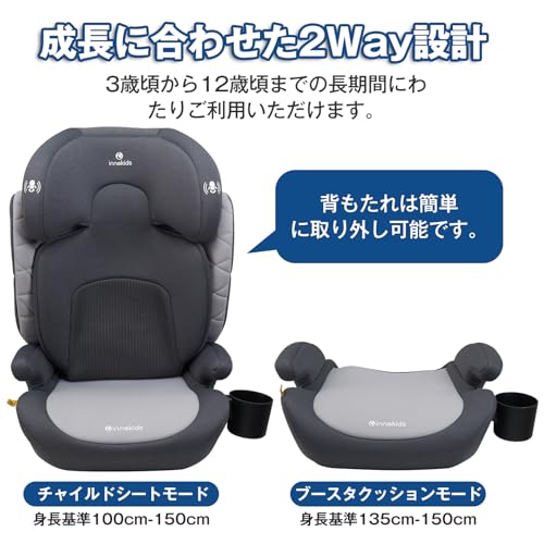 innokids チャイルドシート ジュニアシート 3歳頃から R129適合 i-Size 3歳~12歳頃まで リクライニング2段階切替 カップホルダー付き ベルトカバー付き 背もたれ取り外し可 軽量 取付簡単 洗えるカバー (グレー-シートベルト固定専用モデル) 中間 画像