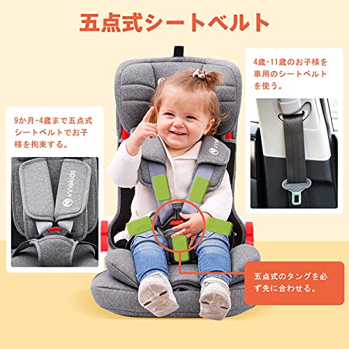 innokids チャイルドシート ジュニアシート ISOFIX対応 1歳から11歳まで コンパクト 折りたたみ 軽量 携帯型 カーシェア 洗える 取り付け簡単(グレー) 中間 画像
