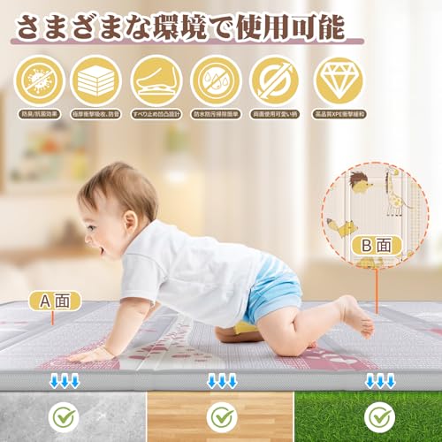 プレイマット 赤ちゃん 厚手 大判 ベビーマット 折り畳み 赤ちゃんマット 防水 ベビープレイマット 持ち運び お昼寝マット 防音 衝撃吸収 収納袋付き 収納しやすい 子供部屋 ピクニック (キリン+動物園, 180cm×200cm×1cm) 中間 画像