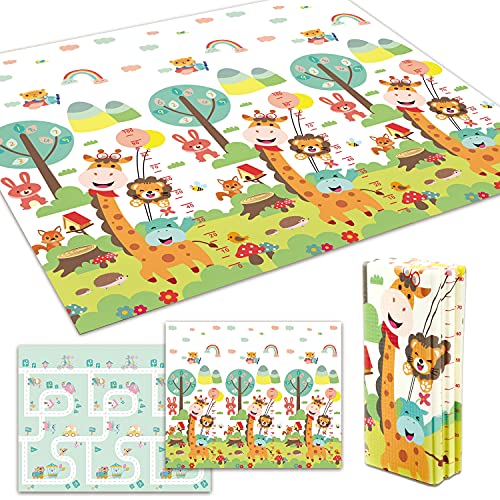 ベビーマット 【日本メーカー製安全検査済 保育士監修】fungoo® ベビープレイマット 赤ちゃん 折りたたみ 防音 防水 安全素材 遊べる 両面使用可 滑り止め (200x180x2cm, パターン１：キリン×道路) 画像1