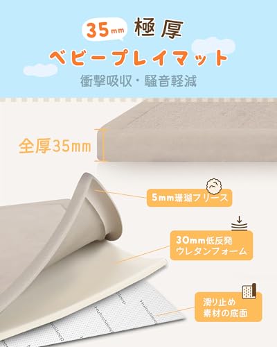Huloo Sleep ベビープレイマット 厚さ35mm 赤ちゃん プレイマット 極厚 ベビーマット 厚手 衝撃吸収 滑り止め 幼児・子ども用ほふくマット 防音 子供部屋用 (ベージュ, 150×180cm) 最後 画像