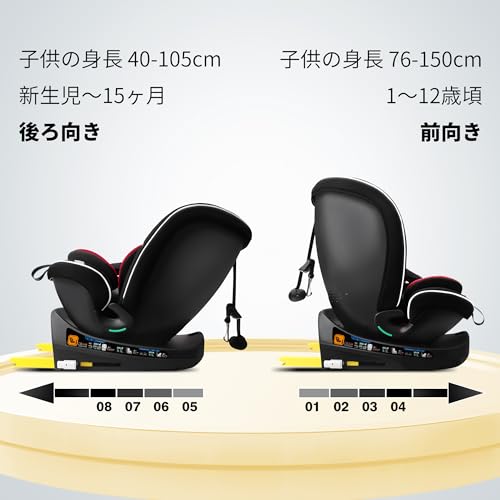Reecle チャイルドシート 360° 回転式 新生児~12歳頃 新安全基準R129適合 ISOFIX対応 シートベルト固定 (レッド) 中間 画像