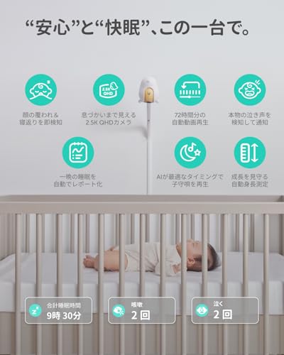 CuboAi スマートベビーモニター（第3世代）【2025新モデル】赤ちゃん 見守りカメラ フロアスタンド付き, 2.5K QHDナイトビジョンWiFiカメラ, 双方向音声通信, 温度＆湿度センサー, 子守唄, 顔認識カバー防止&寝返りアラート, スマホ対応 アプリ操作 最後 画像