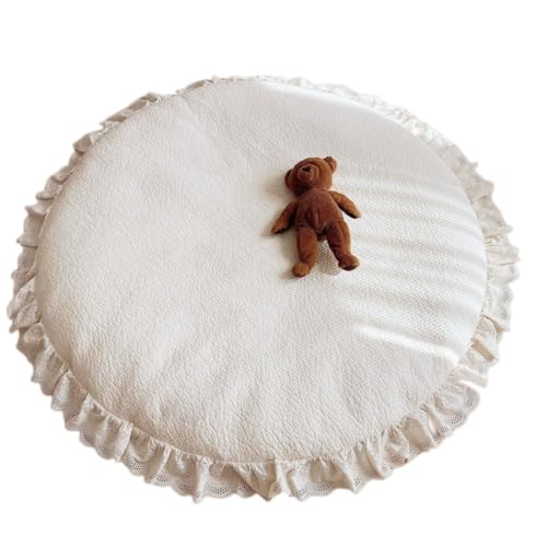 洗える サニーマット 約直径100×厚さ3.5cm 円形 ベビーマット お昼寝 厚手 赤ちゃん プレイマット 床暖房対応 ベビー 月齢フォト 寝相アート (ホワイト×ハート柄) 中間 画像