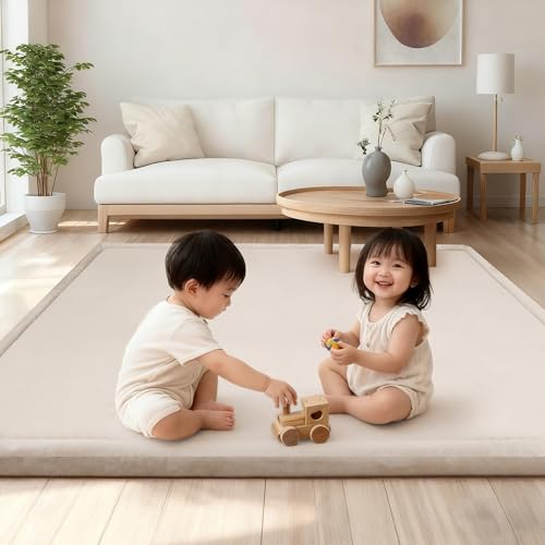 Huloo Sleep ベビープレイマット 厚さ35mm 赤ちゃん プレイマット 極厚 ベビーマット 厚手 衝撃吸収 滑り止め 幼児・子ども用ほふくマット 防音 子供部屋用 (ベージュ, 150×180cm) 画像1