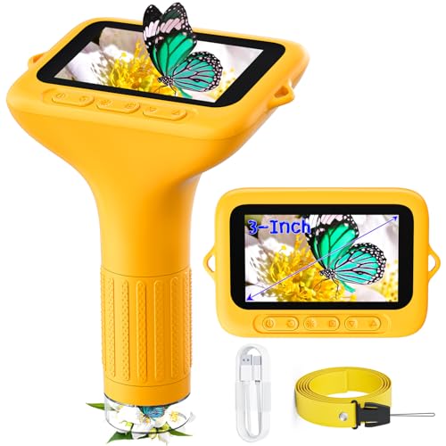 SKYBASIC子供用顕微鏡小学生マイクロスコープ 3インチ IPSスクリーン搭載 1000倍ズーム USBデジタル顕微鏡 カメラ ハンドヘルドポータブル設計 小学生向け科学教育ツール 知育玩具 電子拡大鏡 PC対応 男の子と女の子のための楽しい誕生日プレゼント黄色 画像1
