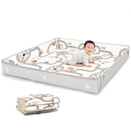 enne. プレイマット 折りたたみ 4WAY サイドガード付き 180×150cm 厚み1cm 道路 防水 防汚 滑り止め 衝撃吸収 フロアマット 床暖房対応(color：Goodnight x CityRoad（グッドナイト×シティーロード） 画像1