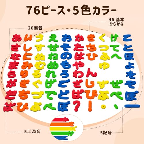 VoSinrly ひらがな マグネット 76ピース, 日本語 あいうえお 磁石, お風呂・冷蔵庫・ホワイトボード対応, 幼児 知育玩具, モンテッソーリ学習, 言葉・文字遊び, 収納ボトル付き 最後 画像