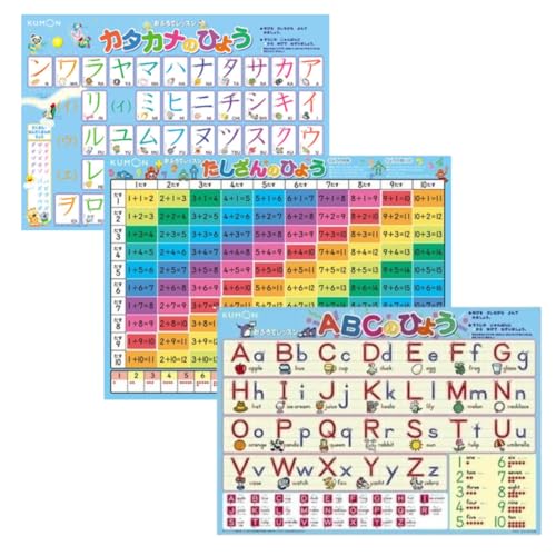 3枚セット KUMON おふろでレッスン お風呂 貼れる レッスン 学習 お風呂場 お風呂用 表 シート 勉強 くもん 公文 公文式 カタカナ 片仮名 たしざん 足し算 アルファベット ABC 画像1