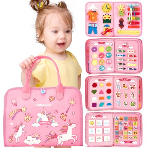 hahaland モンテッソーリ 布絵本 おもちゃ 男の子 女の子 1/2/3/4/5歳 ビジーボード 知育玩具 動かす 紐通し 靴紐結び ボタン ジッパー 指先 数字 アルファベット 幼児 学習 教育 入園準備 誕生日 画像1
