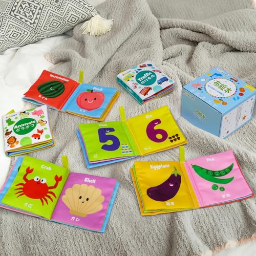 Dr.Rapeti 布絵本 布おもちゃ 日本語 イングリッシュ 二ヶ国語 6冊セット カシャカシャ音出る 鳴る笛 柔らかい 洗える お風呂に入れる 子供向け 中間 画像