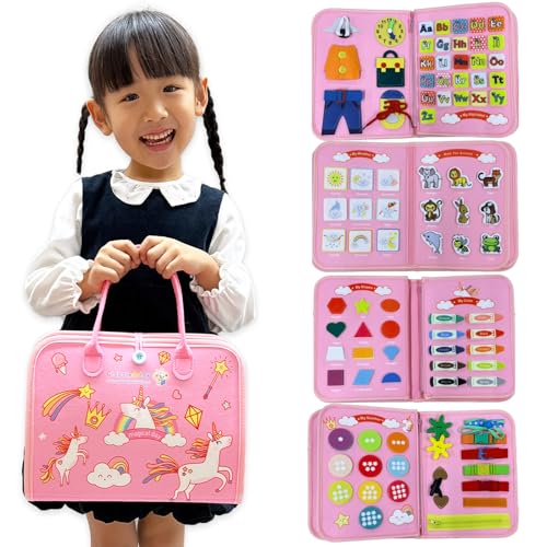 モンテッソーリ おもちゃ【日本正規品】知育玩具 【知育のプロ推薦】1歳 2歳 3歳 4歳 5歳 6歳 【教育雑誌掲載】 ビジーボード 男の子 女の子 誕生日プレゼント お着替えの練習 入園準備【食品衛生法試験合格】ピンク 画像1