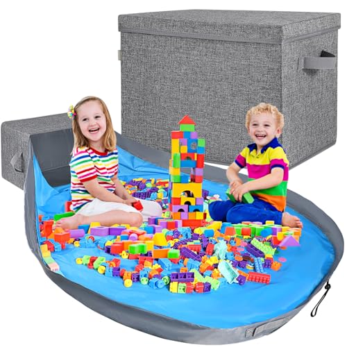 Voova おもちゃ収納ボックス＆プレイマット 赤ちゃん玩具収納袋 レゴ収納マット 折り畳みで便利 積み木 お片付け簡単 玩具収納バッグ ブロック収納 大容量 収納用品 洗濯可能 111*147cm レゴマット 自宅 外遊び（グレー） 画像1