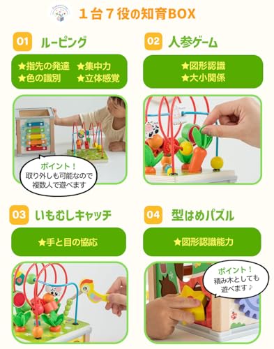 モンテッソーリ【知育のプロ推薦】おもちゃ 赤ちゃん 玩具 0歳 1歳 2歳 誕生日プレゼント 知育玩具【食品衛生法試験合格】7in1 アクティビティキューブ 玩具 木製 ルーピング 型はめ 男の子 女の子 木のおもちゃ 【日本正規品】 中間 画像