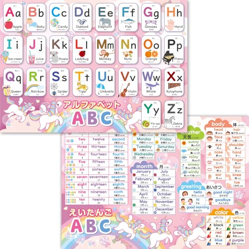 お風呂の学校 アルファベット表 お風呂ポスター 2枚セット 日本製 ユニコーンデザイン ABC表 お受験 知育 英語 学習 B3サイズ 防水 画像1