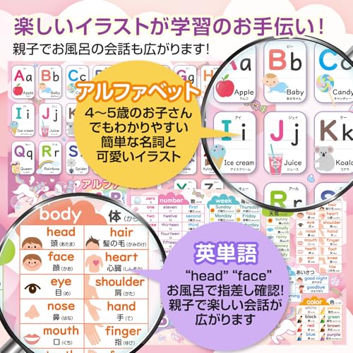 お風呂の学校 アルファベット表 お風呂ポスター 2枚セット 日本製 ユニコーンデザイン ABC表 お受験 知育 英語 学習 B3サイズ 防水 中間 画像