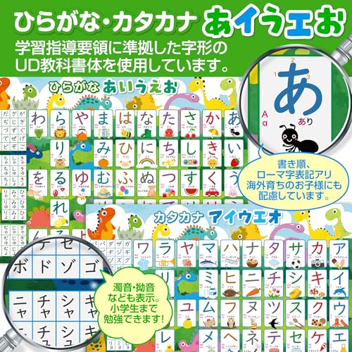 お風呂の学校 セット価格 すうじのひょう(恐竜)/ひらがなとカタカナ(恐竜)お風呂ポスター2種類セット 日本製 数字 文字 お受験 学習 知育 B3サイズ 防水 中間 画像
