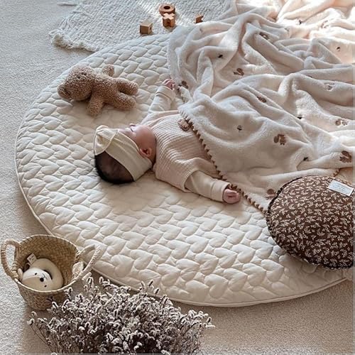 洗える サニーマット 約直径100×厚さ3.5cm 円形 ベビーマット お昼寝 厚手 赤ちゃん プレイマット 床暖房対応 ベビー 月齢フォト 寝相アート (ホワイト×ハート柄) 1枚目 画像