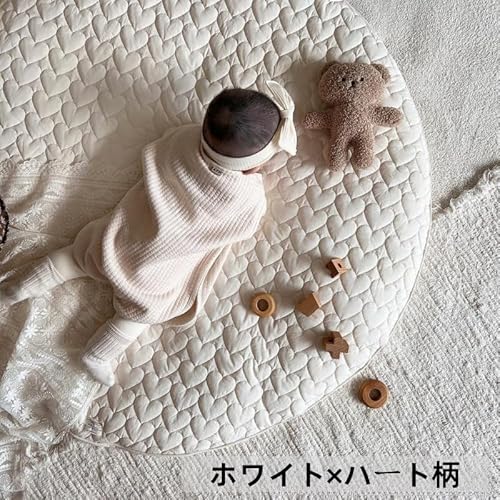 洗える サニーマット 約直径100×厚さ3.5cm 円形 ベビーマット お昼寝 厚手 赤ちゃん プレイマット 床暖房対応 ベビー 月齢フォト 寝相アート (ホワイト×ハート柄) 最後 画像