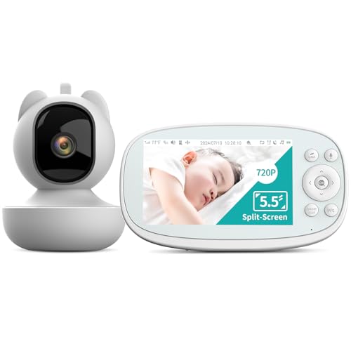 Vizolink ベビーモニター 見守りカメラ 720P 5.5'' HDワイヤレスビデオベビーモニター双方向音声通信カメラ 350m範囲 2.4 GHz FHSS APPやWifi不要で ホワイトノイズ＆子守歌/オートトラッキング機能/危険エリア/体温アラート/音声コントロール/5000mAh大容量充電池ベビーモニター ４台まで接続可能 分割画面機能 モニター付き屋内カメラ 1