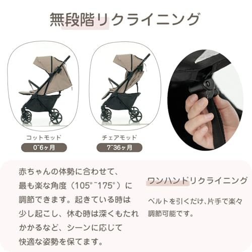 SOFTSEA ベビーカー 折りたたみ バギー 軽量 コンパクト 4輪 0~36ヶ月対応 軽量 6.8kg バギーカー 無段階リクライニング 日よけカバー付き 出産祝い (ベージュ)の特徴・詳細 画像