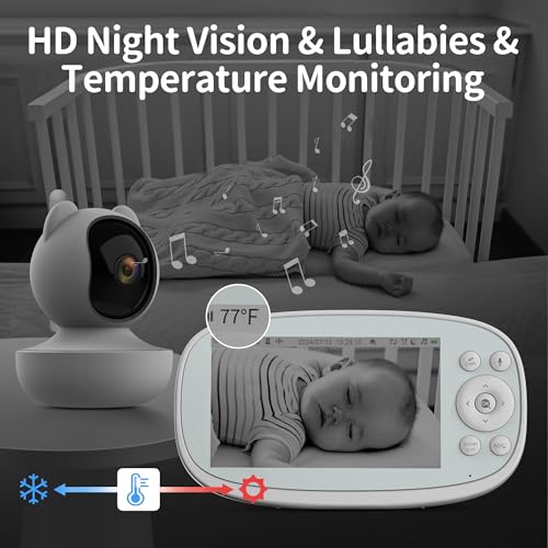 Vizolink ベビーモニター 見守りカメラ 720P 5.5'' HDワイヤレスビデオベビーモニター双方向音声通信カメラ 350m範囲 2.4 GHz FHSS APPやWifi不要で ホワイトノイズ＆子守歌/オートトラッキング機能/危険エリア/体温アラート/音声コントロール/5000mAh大容量充電池ベビーモニター ４台まで接続可能 分割画面機能 モニター付き屋内カメラの特徴・詳細 画像