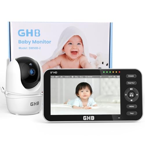 GHB ベビーモニター5インチ 分割画面機能 見守りカメラ 720Pベビーカメラ モニター付き IPS画面 4倍ズーム 音検知 温度検知 暗視機能付き 双方向音声通信 遠隔監視カメラ 日本語取扱説明書付 出産祝い 1