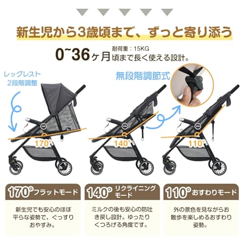 Harper & Bright Designs ベビーカー 軽量 4.7kg 折りたたみ コンパクト 新生児対応 0~3歳 リクライニング 170°フラット 静音キャスター 防震サスペンション メッシュシート バギー 出産祝い カーキの特徴・詳細 画像