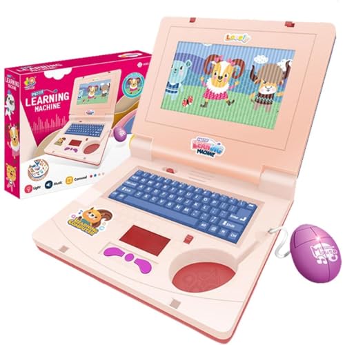 キッズコンピュータ | 本物のマウスとキーボードを備えた幼児用コンピューター - 細かい運動技能訓練、音楽啓発のための多機能赤ちゃん学習玩具 (ピンク)の特徴・詳細 画像