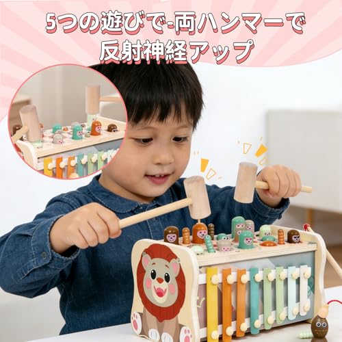 julanpo 知育玩具 3歳 4歳 5歳 6歳 木のおもちゃ 5in1 もぐらたたき 魚釣り 虫つかみ 木琴 モンテッソーリ 指先の知育 ハンマートイ 音の出るおもちゃ 誕生日プレゼント 24.8×12.3×12.5cmの特徴・詳細 画像