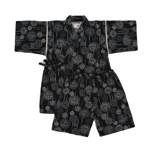 [こどもじかん] 甚平 男の子 おしゃれ キッズ 子供 部屋着 日本製生地 子供服 パジャマ 夏 花火大会 夏祭り 七夕 綿161% コットン 和柄 海外土産 XYZ(打上花火ブラック 80cm) 1