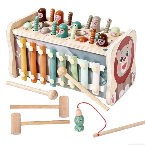 julanpo 知育玩具 3歳 4歳 5歳 6歳 木のおもちゃ 5in1 もぐらたたき 魚釣り 虫つかみ 木琴 モンテッソーリ 指先の知育 ハンマートイ 音の出るおもちゃ 誕生日プレゼント 24.8×12.3×12.5cm 1
