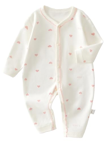 [Libaby] ベビー服 綿100％ 長袖 ロンパース カバーオール 前開き 新生児 赤ちゃん 綿 女の子 男の子 春 秋 冬 肌着(59,Bプチハートピンク) 1
