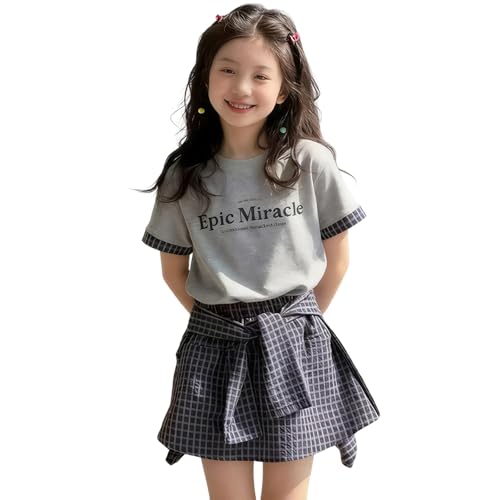 [HONGHXUAN] 子供服 女の子 スカートスーツ セットアップ キッズ ガールズ 上下セット 半袖Ｔシャツ スカート 夏服 ジャージ 半袖スウェット 運動風 韓国 ゆったり お洒落 お出かけ 学生 120-170CM (グレー, 150) 1