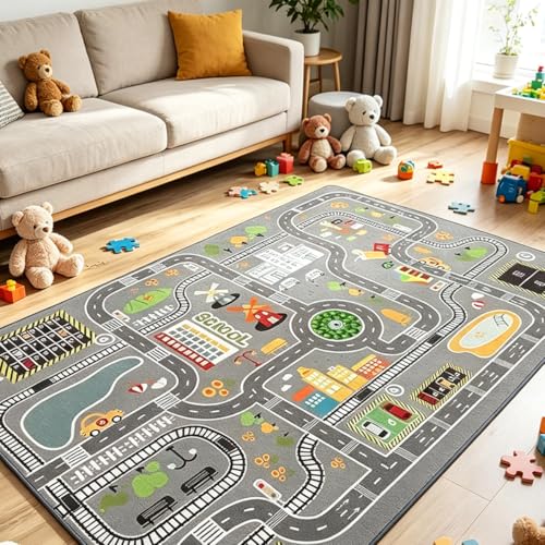 karonpeln プレイマット 道路 キッズプレイマット 子供部屋 ラグ 赤ちゃん 滑り止め 交通 地図 線路 車柄 防音 防カビ 優しい肌触り 早期教育 知育 おもちゃ 子供ゲームパッド 部屋飾り カーペット 面白い ゲームマップ 吸水 防臭 おしゃれ 丸洗い 洗濯機 (80×120cm-Aタイプ)の特徴・詳細 画像