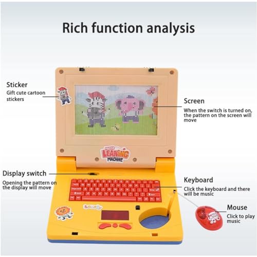 キッズコンピュータ | 本物のマウスとキーボードを備えた幼児用コンピューター - 細かい運動技能訓練、音楽啓発のための多機能赤ちゃん学習玩具 (イエロー)の特徴・詳細 画像