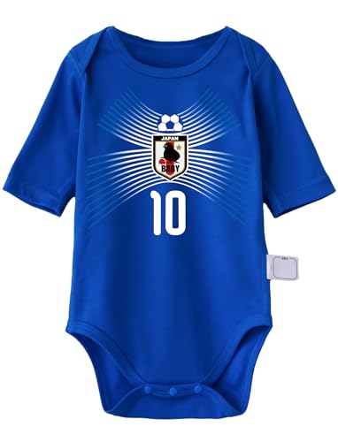 [シャレもん] 出産祝い ロンパース 男の子 【 サッカー 日本代表 ホーム ユニフォーム 風】【 青 ロンパース 】【 80 】【＊クリアBOX】 名入れ 番号 4ケタ まで/RPXW/ 1