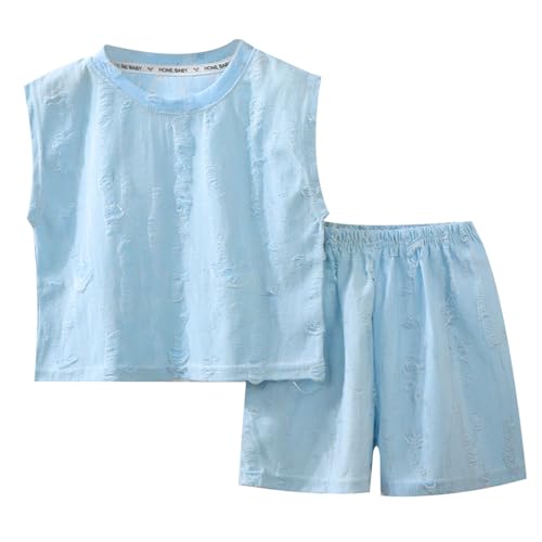 [Shopyruder] セットアップ キッズ 子供服 男の子 セットアップ ベビー服 女の子 夏 韓国 無袖 ハーフパンツ 上下 子供 ジャージ タンクトップ ショートパンツ お洒落 スウェット 2点 ルームウェア 半ズボン 男女兼用 通園 通学 速乾 夏服(空色,130) 1