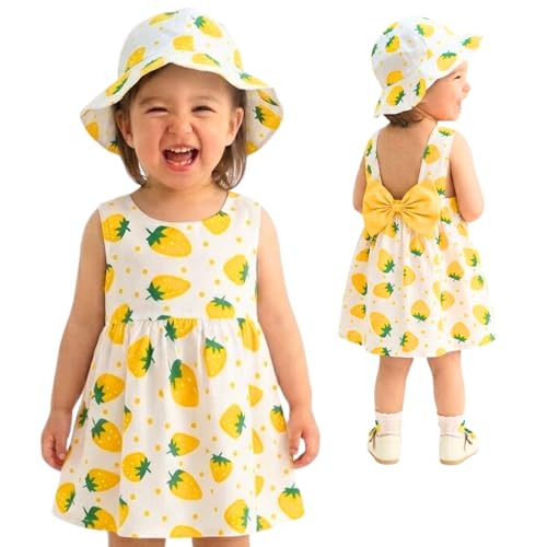 [Infippy] ベビー服 ベビーワンピース 帽子セット 女の子 いちご柄 水玉柄 リボン 子供服 キッズワンピース 夏 春 秋 可愛い プレゼント コットン100% (イエローストロベリー, 90) 1