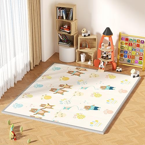 GruFini プレイマット 赤ちゃん 折りたたみ 200×180×2cm 厚手 安全検査済み ベビーマット 防水 防音 ベビープレイマット 滑り止め おしゃれ ベビー 出産祝い 一枚入り (200×180×2cm, Bear + Deer) 1