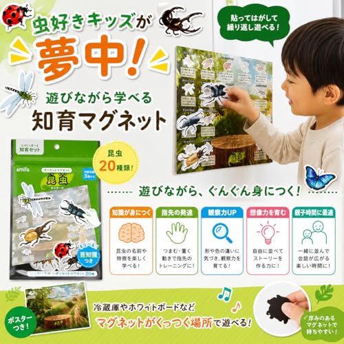 激強動物 ダイカット マグネット 磁石 豆知識＆ポスター付き 20枚セット 楽しく覚える 知育玩具 学習用 ホワイトボード・冷蔵庫 パズル ぞう、ライオン、サメ、などかっこいい動物がいっぱい (昆虫)の特徴・詳細 画像
