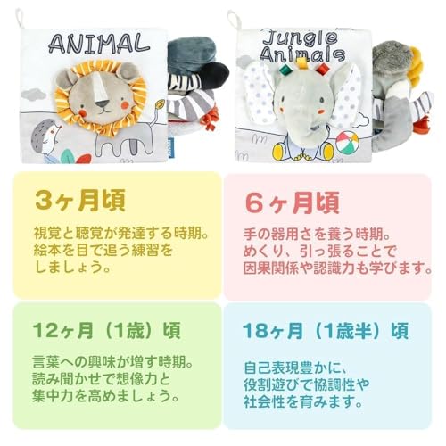 布絵本 動物 ソフトブック 仕掛け絵本 布えほん ピーピーの音が出てくる 指遊び 柔らかい から 知育玩具 おもちゃ 新生児 0歳 6ヵ月 1歳 赤ちゃん えほん 子供 子ども こども ベビー キッズ おしゃれ かわいい ギフト 贈り物 プレゼント ラッピング 出産祝い (A)の特徴・詳細 画像